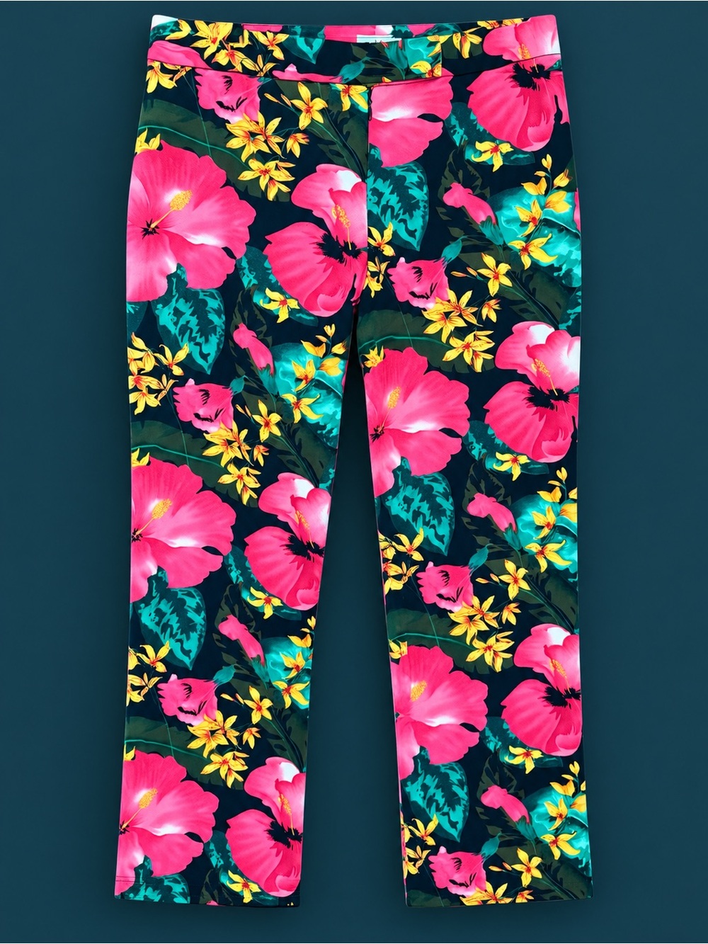 Cache Floral Straight-Leg Pants - Pink, Yellow, Teal on Black